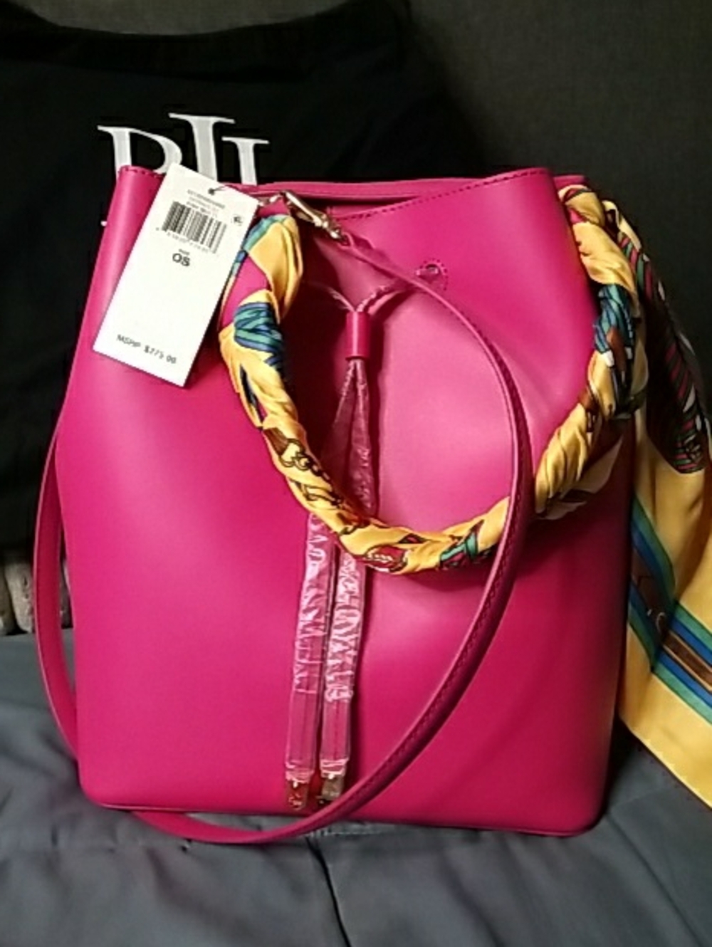 Lauren Ralph Lauren Hot Pink Bucket LG Bag with Yellow Scarf Accent